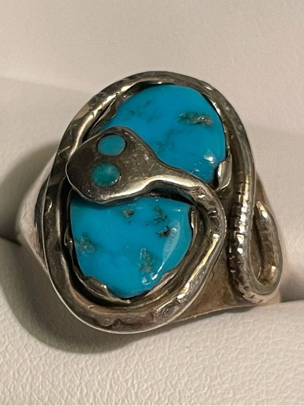 Native American Effie Calavaza Turquoise Sterling Silver Snake Ring Sz 9.75